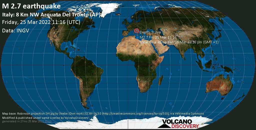 Quake Info: Weak Mag. 2.7 Earthquake - 12 km East of Norcia, Provincia di Perugia, Umbria, Italy, on Friday, Mar 25, 2022 at 12:16 pm (GMT +1)